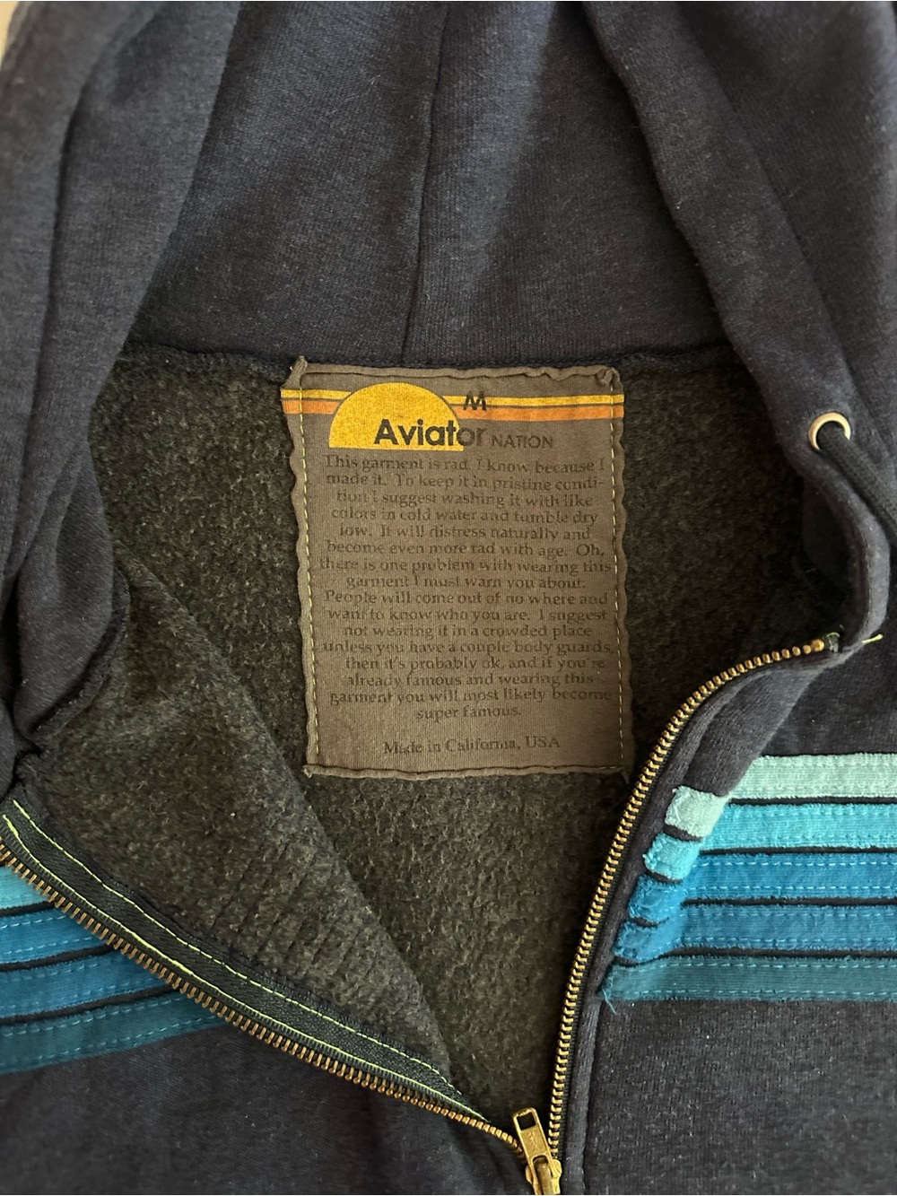 Aviator Nation Navy Zip Hoodie with Blue Stripe Panels - Picture 5 of 5